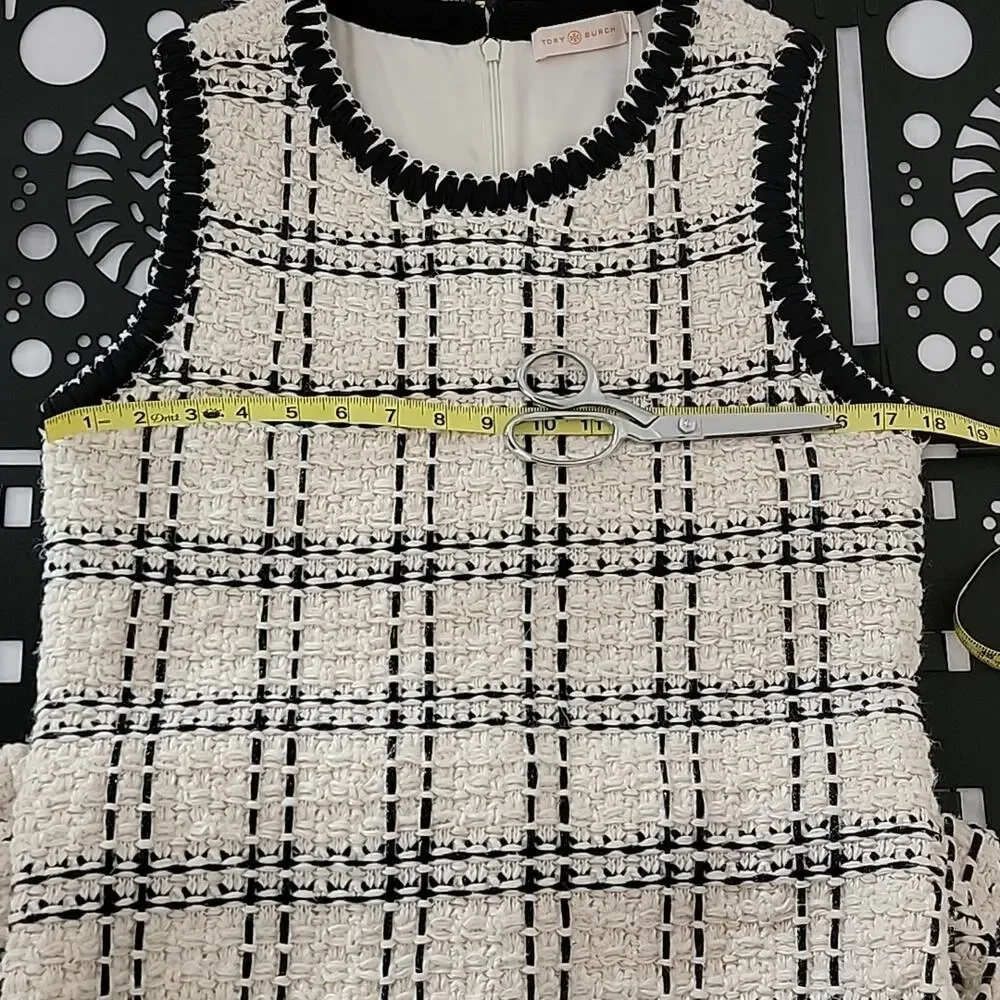 Tory‎ Burch Black Ivory Sleeveless Tweed Midi Dress Medium